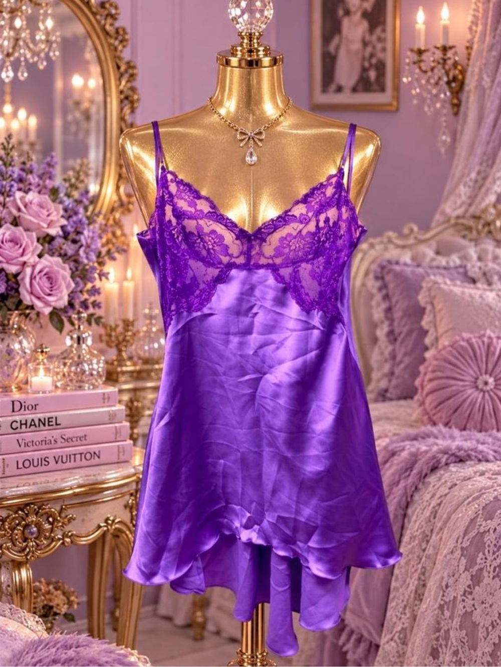 Shirley of Hollywood Purple Satin & Lace Chemise